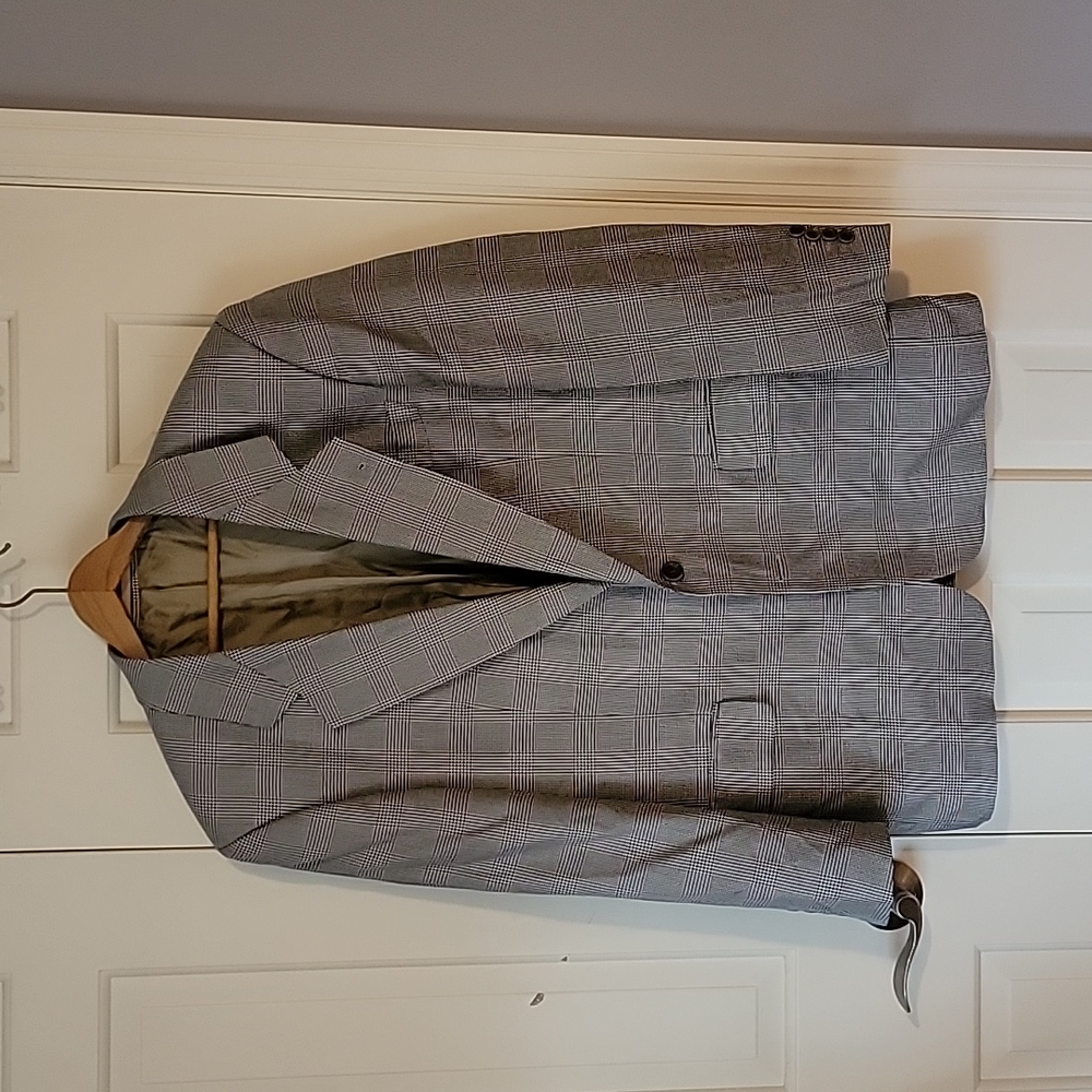 Hugo Boss Silk Wool Blazer 38R 2 button Black White Plaid Hatch